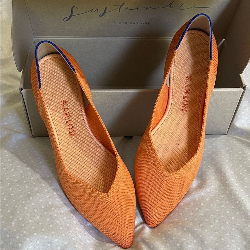 Rothy's Orange Pointed Knit Flat with Navy Trim